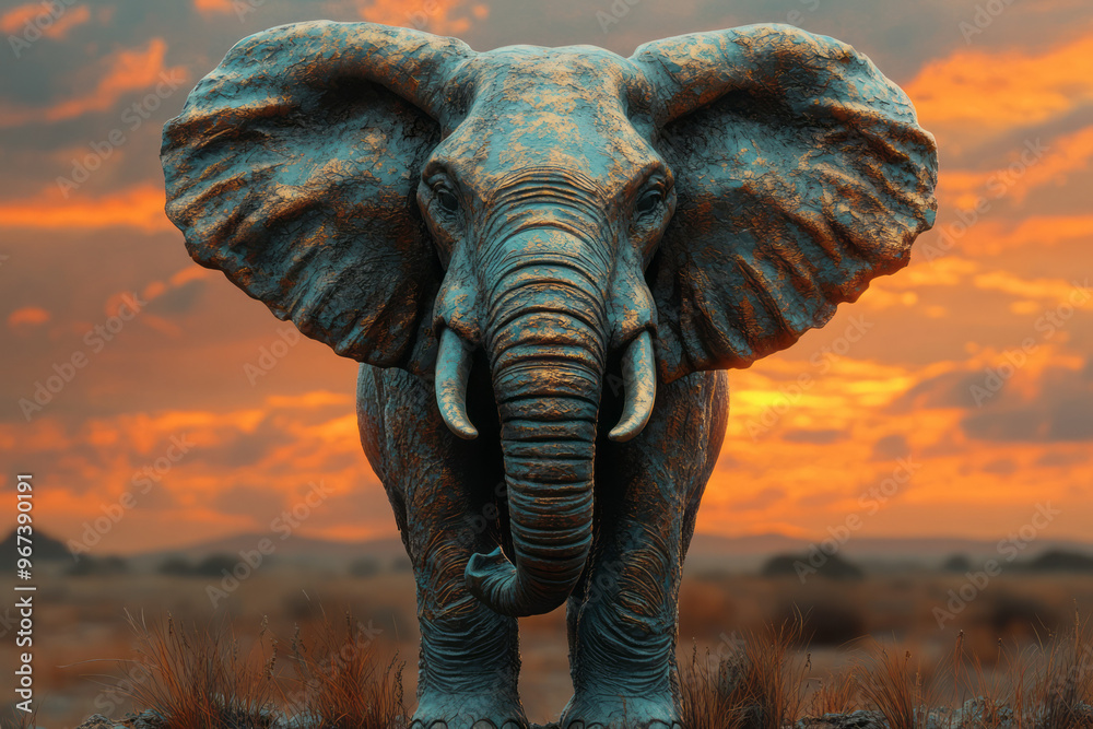 Fototapeta premium A bronze elephant with raised trunk and textured skin,