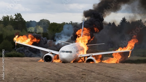 fire on the airplane emergency landing the empty field photo