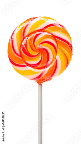 Lollipop with spiral rainbow colors, twisted sucker candy on stick isolated on white background