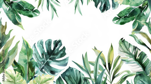 Aesthetic watercolor frame with green tropical leaves, copy space, light background, foliage template. Generative AI