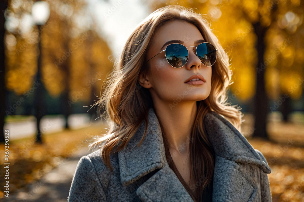 © Alex Vog - Portrait of perfect young woman in grey coat and sunglasses posing in autumn park, looking up. Lovely stylish lady walking in fresh air on September day. Leisure activity concept. Copy ad text space © Alex Vog - Portrait of perfect young woman in grey coat and sunglasses posing in autumn park, looking up. Lovely stylish lady walking in fresh air on September day. Leisure activity concept. Copy ad text space