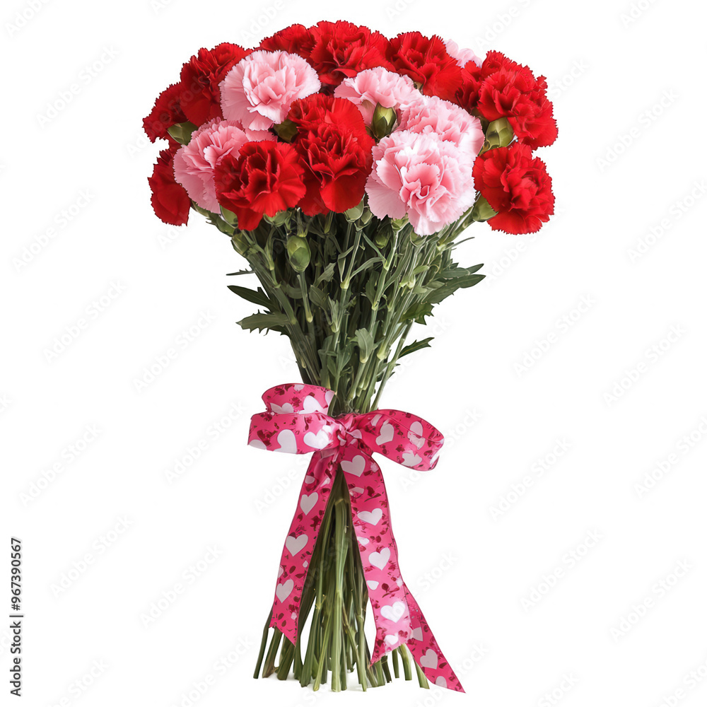 Obraz premium A bouquet of red and pink carnations tied with a heart-patterned ribbon.