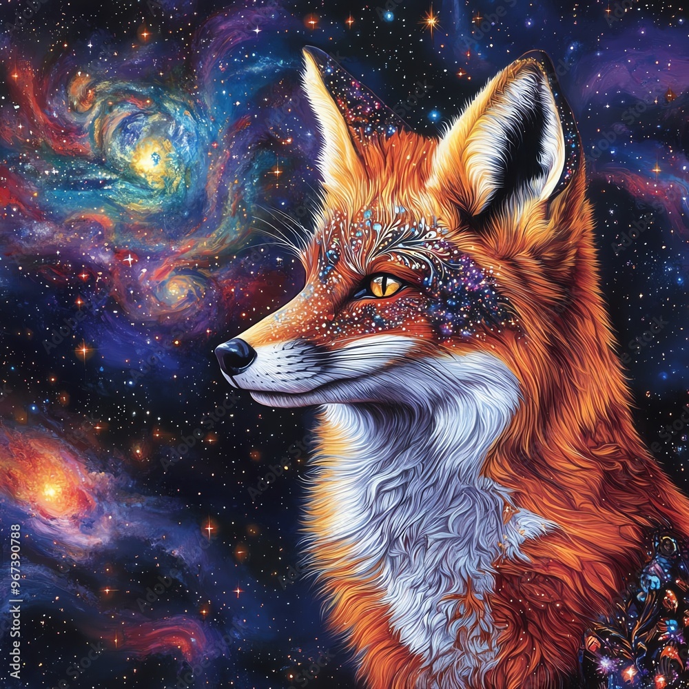 A close-up of a curious fox with sparkling cosmic patterns in its fur