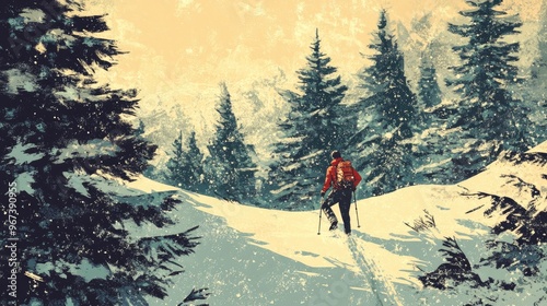 Hiker traversing a snowy slope in a snow covered forest during winter after recent snowfall photo