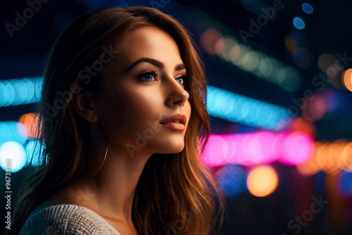 Portrait positive woman posing at night city neon lights bokeh background. Silhouette young trendy female looking away at night street. Nightlife youth atmosphere concept. Copy text space