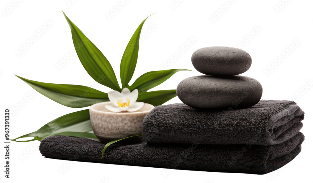 Obraz premium PNG Spa concept with zen basalt stones and towels plant spa white background.
