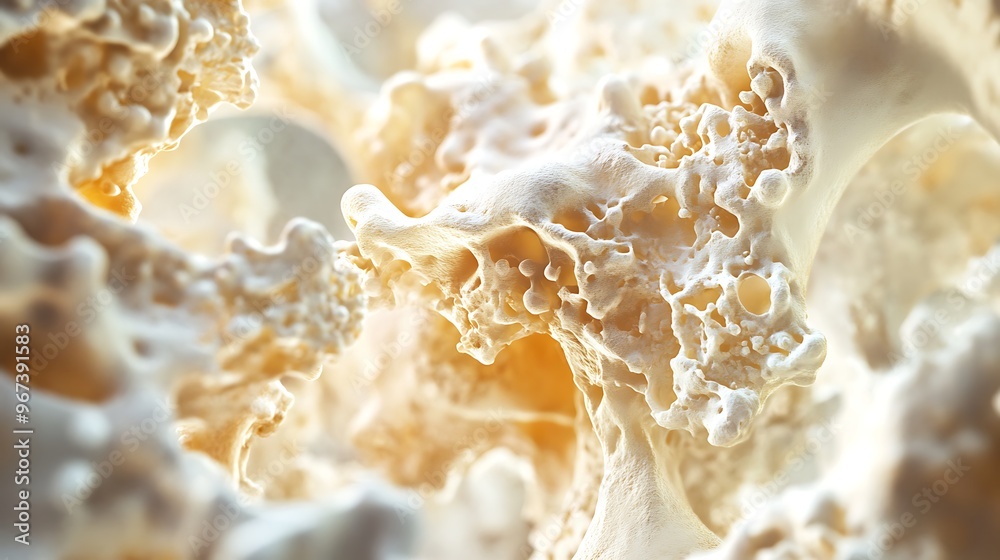 close-up of osteoclasts breaking down bone tissue, showing the release of calcium and other minerals into the surrounding area, with a clear focus on the cellular activity