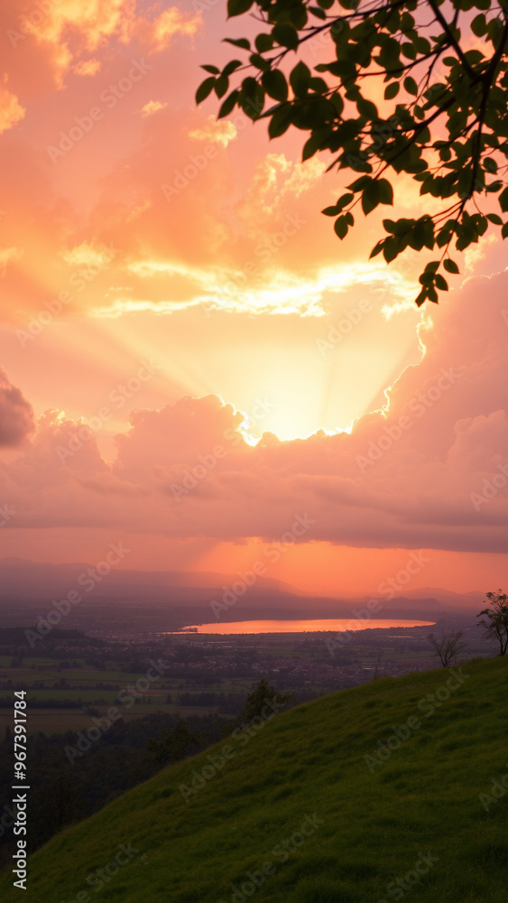 Fototapeta premium Tranquil sunset scene, glowing clouds and sunrays over quiet countryside, distant town, serene lake, green fields, and a grassy hill with trees. Perfect for relaxation.