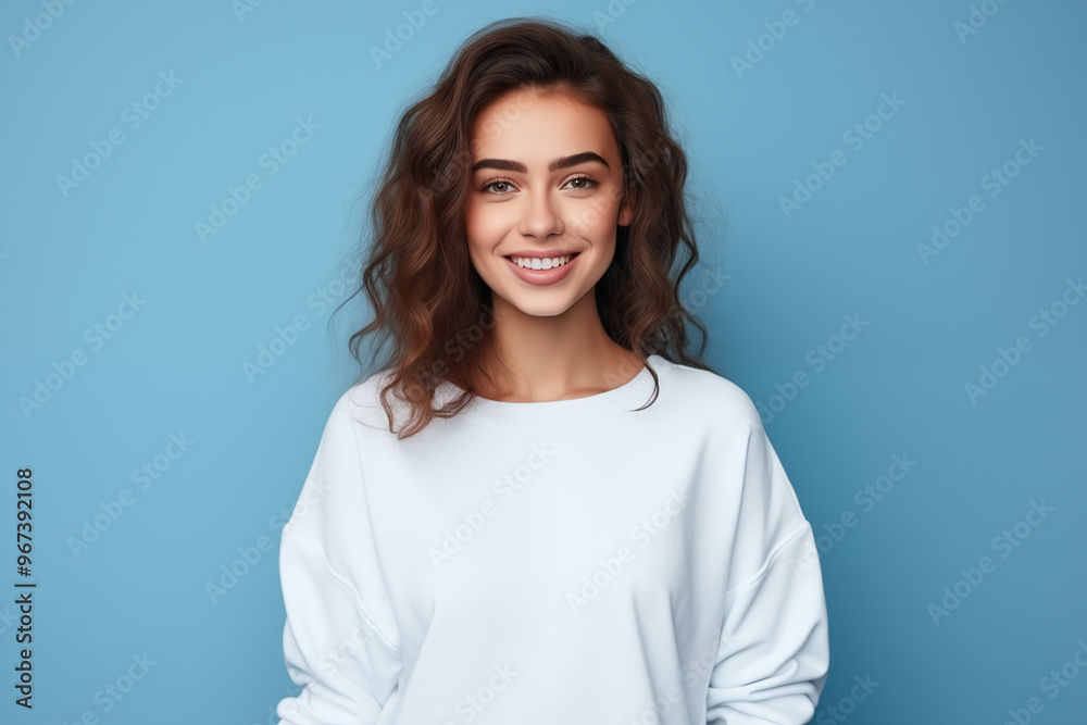 Portrait of a beautiful young woman smiling and looking at camera isolated on a blue background Portrait of a beautiful young woman smiling and looking at camera isolated on a blue background