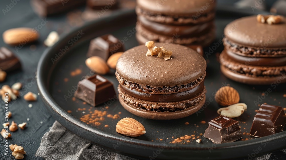 Chocolate macaron with nuts and chocolate on a dark plate Chocolate macaron with nuts and chocolate on a dark plate