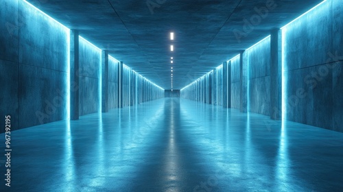 Futuristic hallway with glowing blue lights.