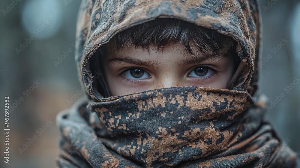 Young Boy Wearing Camouflage Clothing, Looking Intensely at the Camera Young Boy Wearing Camouflage Clothing, Looking Intensely at the Camera