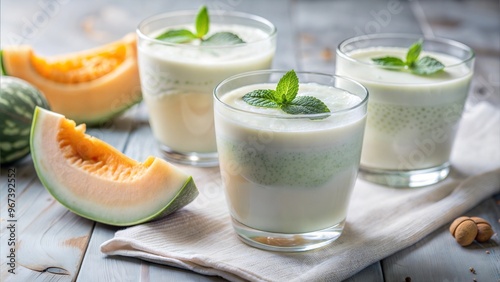 Refreshing melon smoothies with mint on a light wooden surface