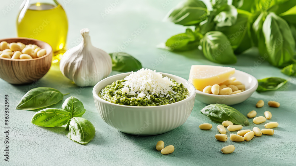 Delicious pesto sauce ingredients: basil leaves, cheese, pine nuts, olive oil, garlic, mint background. Generative AI Delicious pesto sauce ingredients: basil leaves, cheese, pine nuts, olive oil, garlic, mint background. Generative AI