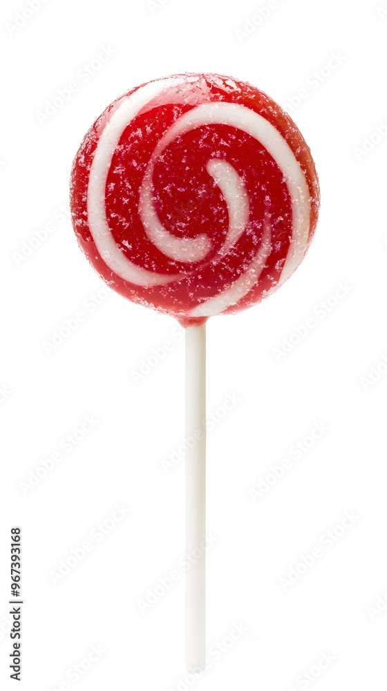 Red and white striped lollipop on stick isolated on white background Red and white striped lollipop on stick isolated on white background