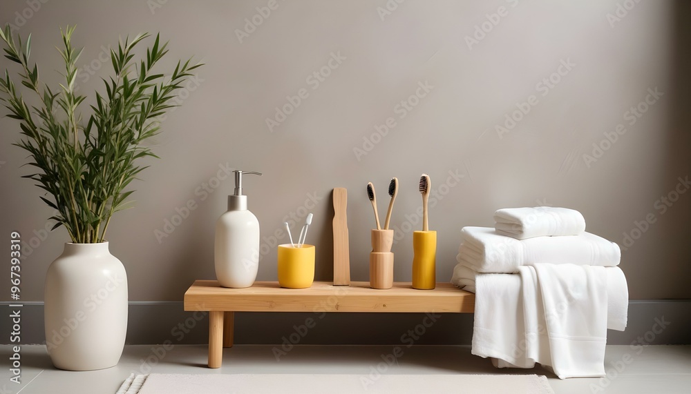 Eco toothbrushes. Bamboo toothbrushes cup, natural soap, plastic free ear sticks, wooden hair brush and white towels on gray stone background Eco toothbrushes. Bamboo toothbrushes cup, natural soap, plastic free ear sticks, wooden hair brush and white towels on gray stone background