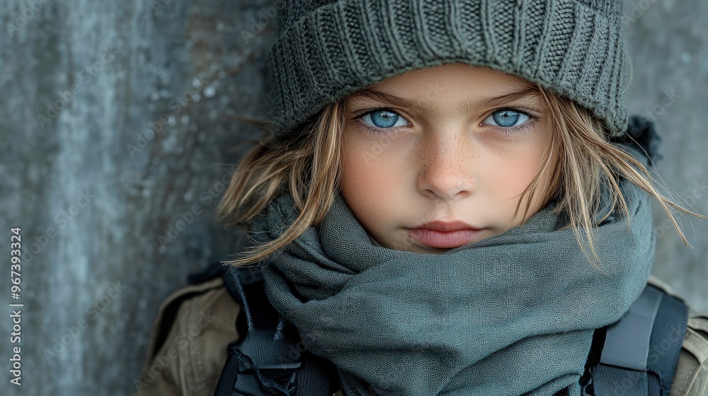 Portrait of a young girl with piercing blue eyes, wearing a beanie and scarf Portrait of a young girl with piercing blue eyes, wearing a beanie and scarf