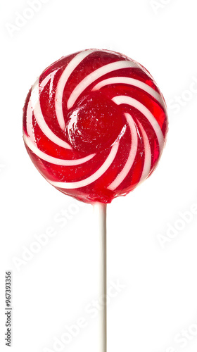 Red and white striped lollipop on stick isolated on white background