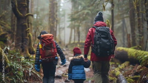 A family is hiking through a forest.