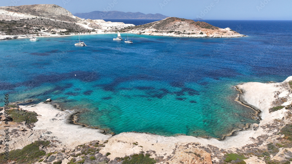 Obraz premium Aerial drone photo of white sandy paradise beach of Prassa with turquoise crystal clear sea voted one of the best in Greece, Kimolos island, Cyclades