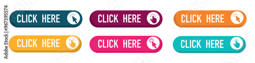 Click here web buttons. Set of action button click here with arrow pointer. Vector illustration photo