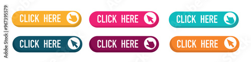 Click here web buttons. Set of action button click here with arrow pointer. Vector illustration photo