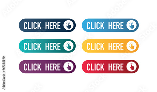 Click here web buttons. Set of action button click here with arrow pointer. Vector illustration