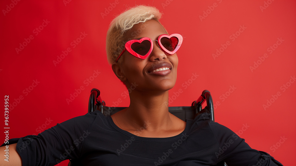 confident dark skinned woman with short blonde hair wearing heart-shaped sunglasses sitting in a wheelchair on a red background, an inclusive lifestyle confident dark skinned woman with short blonde hair wearing heart-shaped sunglasses sitting in a wheelchair on a red background, an inclusive lifestyle