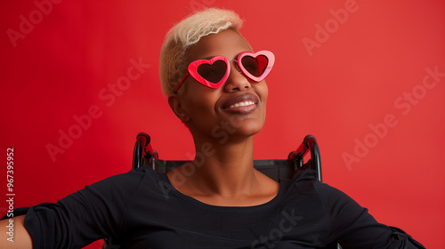 confident dark skinned woman with short blonde hair wearing heart-shaped sunglasses sitting in a wheelchair on a red background, an inclusive lifestyle