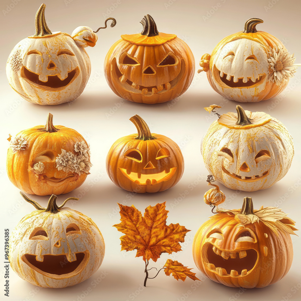pumpkins with funny facial expressions on white background