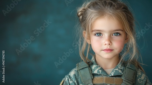 Young Girl in Military Uniform with Serious Expression photo