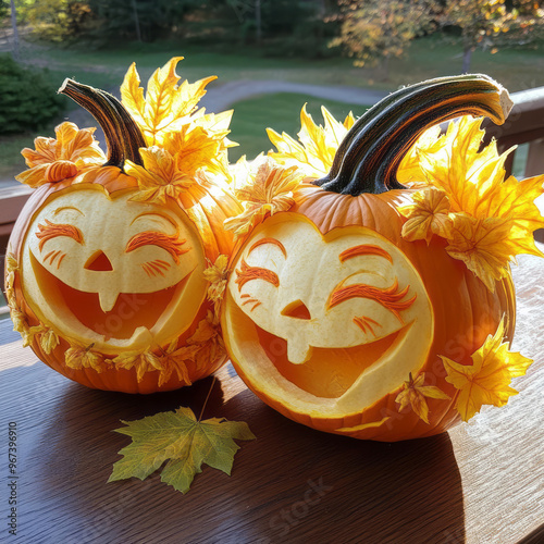 pumpkins with funny facial expressions photo