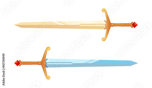 Set of large knightly swords with ornate golden hilt isolated on white background. Vector illustration