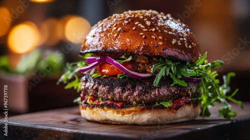 A mouth-watering gourmet burger featuring a juicy patty, fresh vegetables, arugula, and a sesame seed bun, beautifully displayed on a rustic wooden table with blurred background.