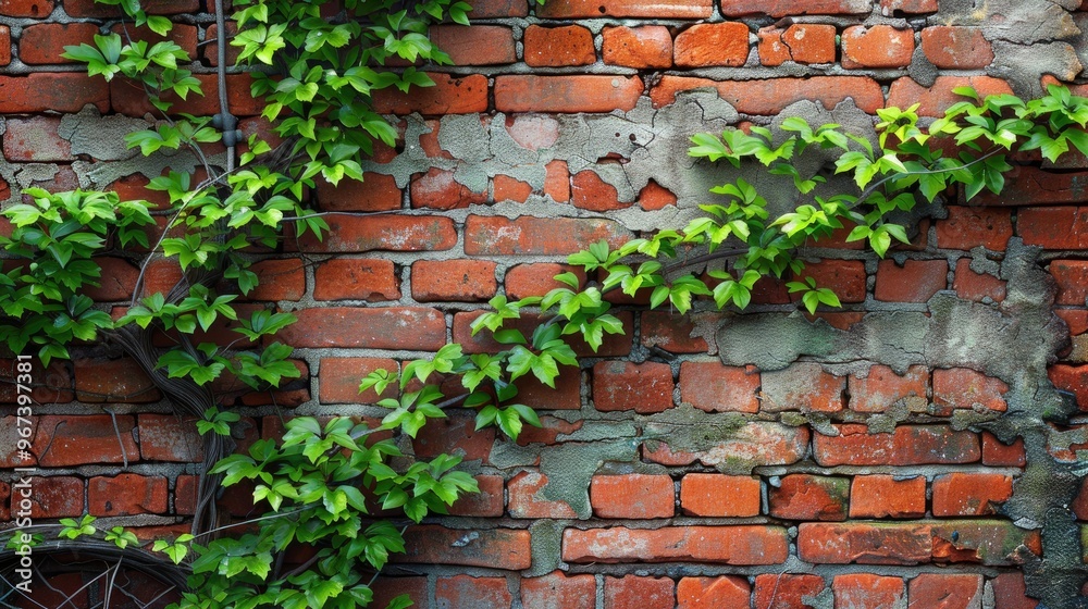 Climbing Plant on Red Brick Wall with Tree Climbing Plant on Red Brick Wall with Tree