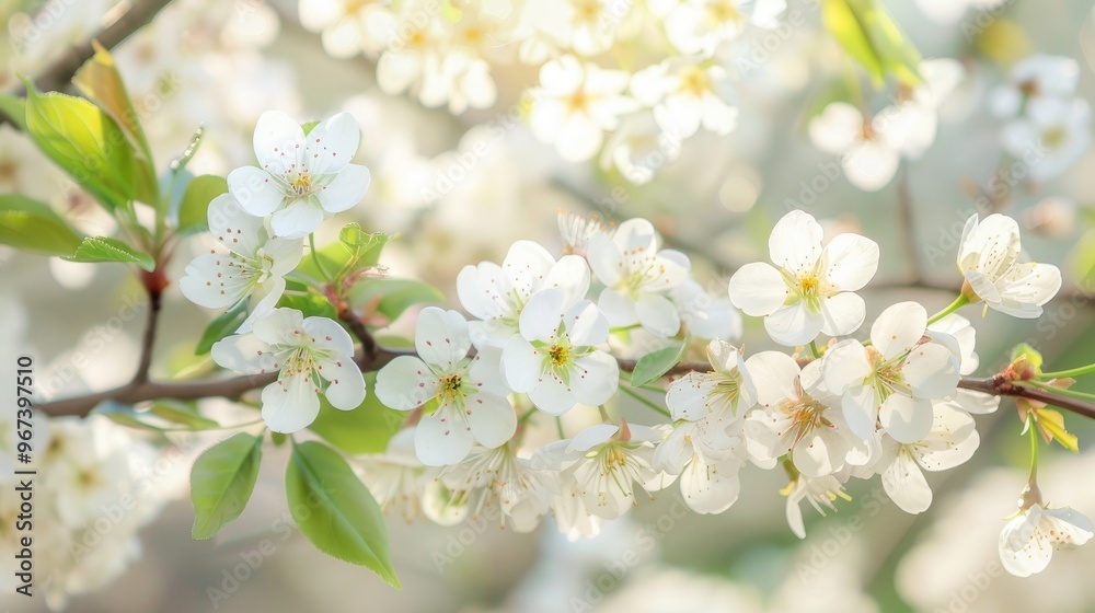 Close up artistic shot of blooming white cherry branch with green leaves capturing spring season theme Close up artistic shot of blooming white cherry branch with green leaves capturing spring season theme