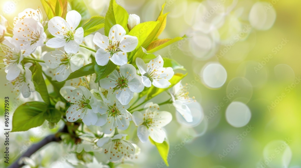 Close up artistic shot of blooming white cherry branch with green leaves capturing spring season theme Close up artistic shot of blooming white cherry branch with green leaves capturing spring season theme