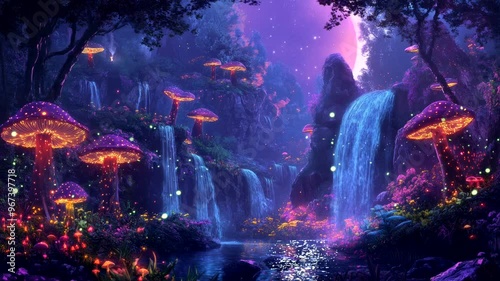 magical mushroom forest with waterfall fantasy dream video animation background Seamless looping time-lapse 4k quality