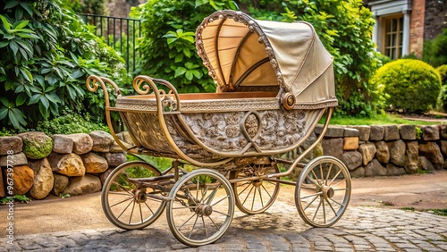 Beautifully crafted antique pram features intricate metalwork and a charming canopy, perfect for adding a touch of nostalgia to modern parenting. photo