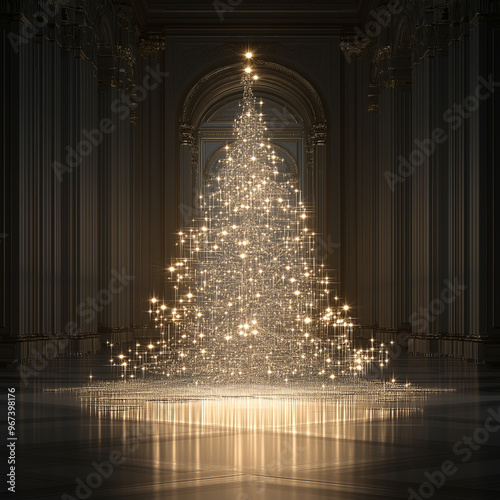 luxurious, glowing Christmas tree adorned with golden lights, set in an opulent hall with grand architecture, creating a magical holiday atmosphere.
