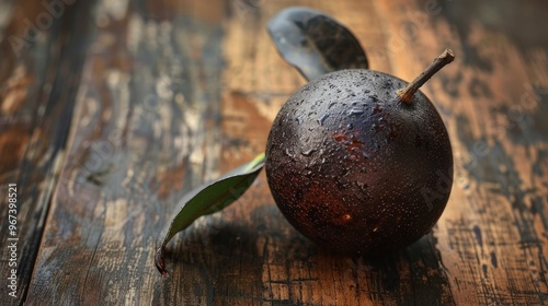 Close up image of a mature duku fruit on a wooden backdrop photo