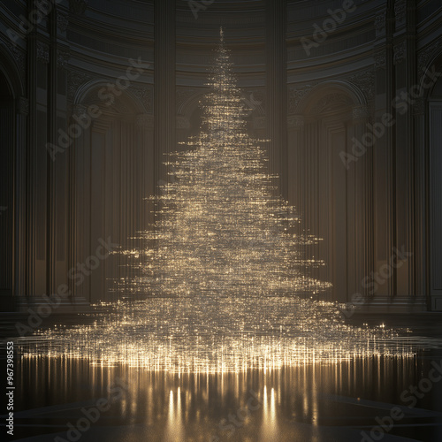 luxurious, glowing Christmas tree adorned with golden lights, set in an opulent hall with grand architecture, creating a magical holiday atmosphere.