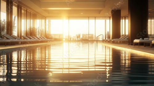 An elegant indoor pool is beautifully illuminated by natural sunlight, featuring large windows that offer a stunning view, embodying luxury and serenity for ultimate relaxation. photo