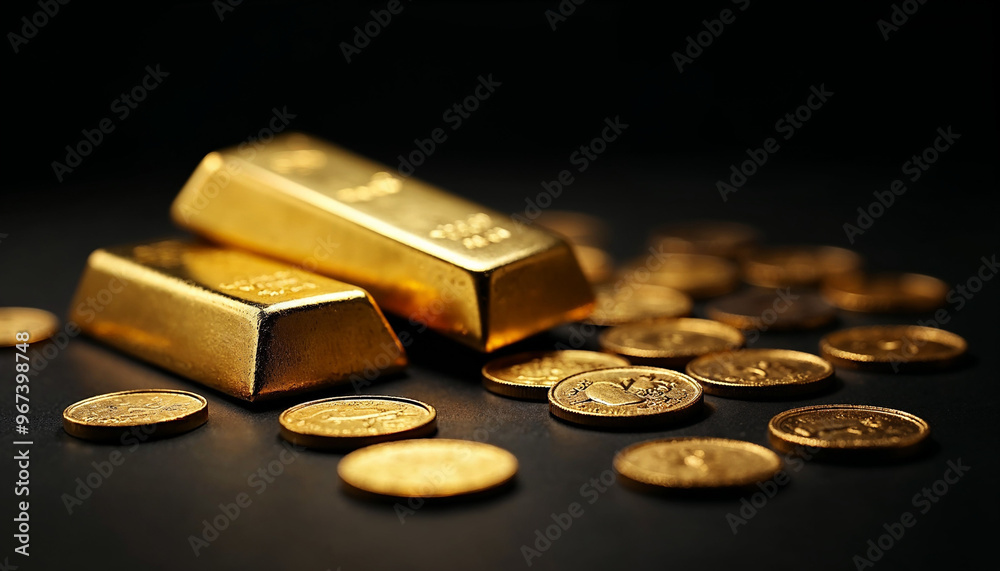 Gold bars arranged on a glossy black surface, one in focus, others blurred. Luxurious and pristine.
Gold bars arranged on a glossy black surface, one in focus, others blurred. Luxurious and pristine.