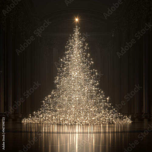 luxurious, glowing Christmas tree adorned with golden lights, set in an opulent hall with grand architecture, creating a magical holiday atmosphere.