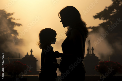 AI generated photo of a young mother standing at a cemetery with small child in the evening