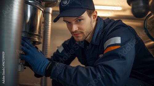 A focused technician wearing a cap and gloves, repairing a machine in a workshop, operating tools with precision and attention to detail under adequate lighting conditions. photo