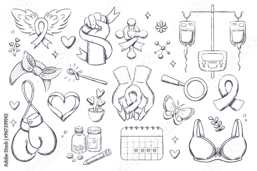 Breast cancer awareness month elements collection. Sticker set for oncology fighters