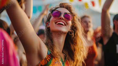 music festival fans is dancing with joy in outdoor activity stages  and watch their favorite singers photo