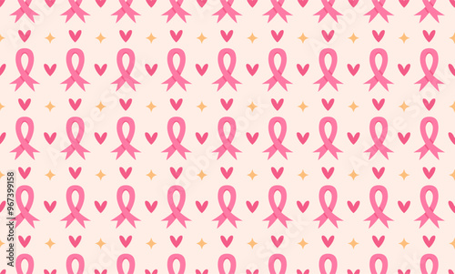 Breast cancer awareness month seamless pattern, pink ribbon and hearts
